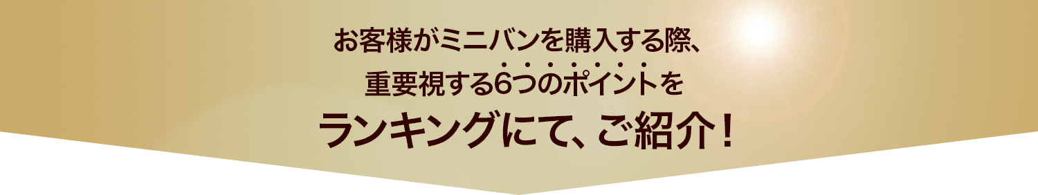 お客様がミニバンを購入する際、重要視する6つのポイントをランキングにて、ご紹介！